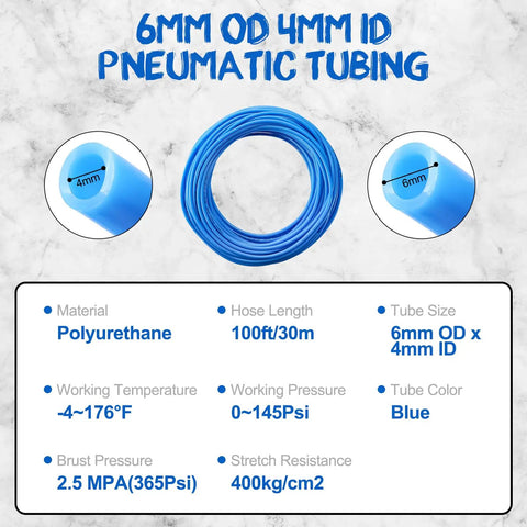 100 Ft 6mm ID 4mm OD Polyurethane Air Hose Ultra Flexible Pneumatic Tubing Blue Specs