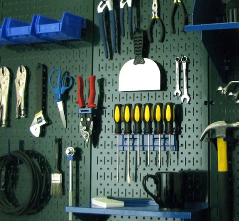 Green Metal Pegboard Set 2 Pack, 32x32 Inch Total Storage From Two 16x32 Panels, tools hanging on organized steel pegboard