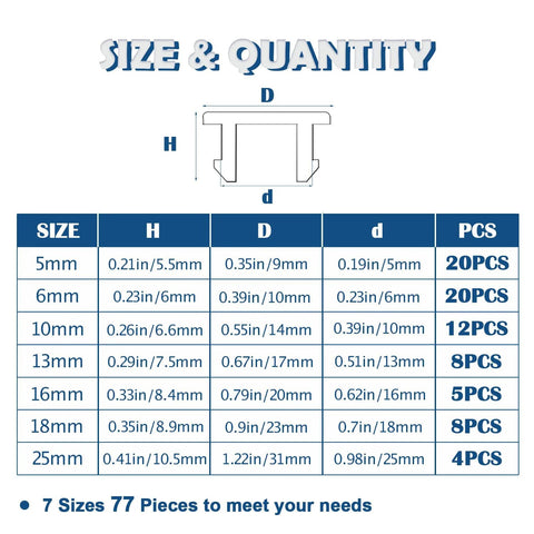 77Pcs White Silicone Hole Plugs Assorted Sizes 5mm to 25mm Pack Size Chart
