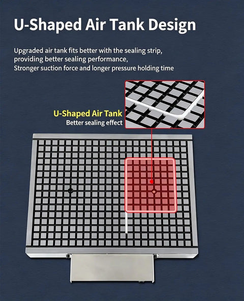 U-Shaped Air Tank Design, upgraded CNC vacuum chuck, enhances sealing, supports router milling on metal or plastic workpieces.
