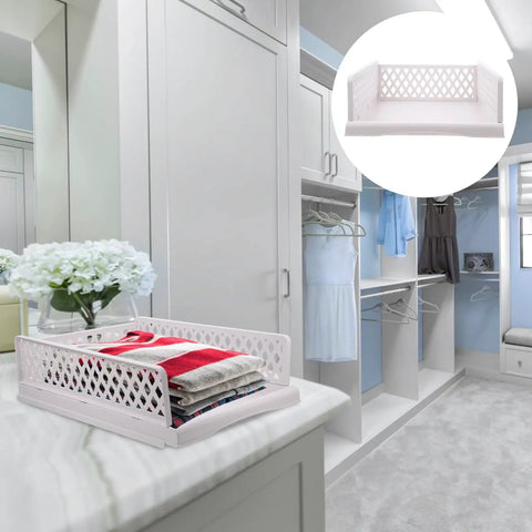 Straight Up Game Changer Plastic Drawer Storage Basket For Clothes Towels And Blankets A Real Slick Closet Organizer Bin with folded towels.