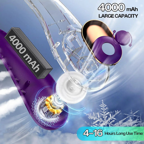 Portable Neck Fan With Hands Free Wearable Design, Bladeless USB Rechargeable, showing 4000mAh battery detail for quick cooling