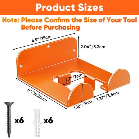 Heavy Duty Metal Weedeater Hanger Wall Mount for Garage Storage Two Pack, dimensions and installation screws shown