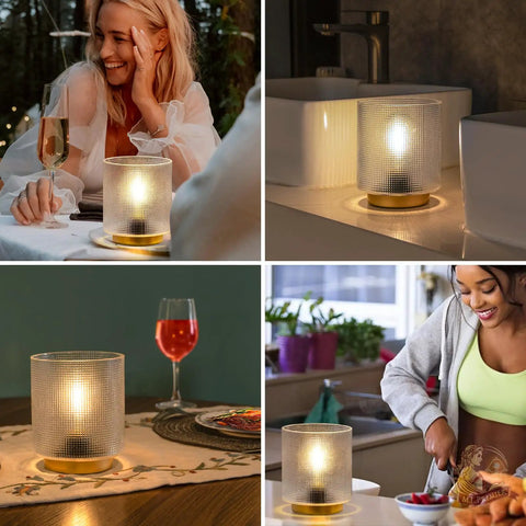 Battery Operated Cordless Table Lamp With Timer Glass Shade And Metal Base No Outlet Needed in various home settings