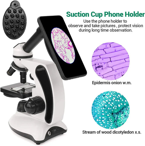 Kids And Adults Microscope Kit With 40X To 2000X Magnification, Dual LED Illumination, All Glass Optics, microscope with phone holder