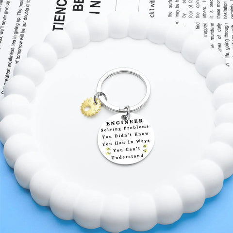 Engineering Keychain For Men, Dope Funny Gifts For Engineers, Graduation Gift For Him, silver round key ring with gear charm.