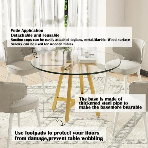 Gold X shape table base for glass wood marble tops, shown with glass tabletop in a dining room, with suction cups, 28 inch height