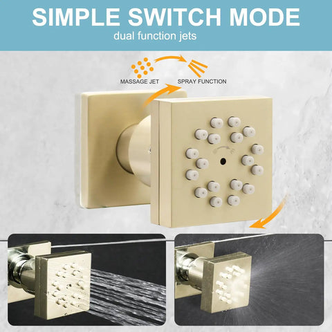Slick 28 Inch Ceiling Rainfall Shower Panel With Bright Led Display And Six Dual Mode Body Jets Complete Brushed Gold Bathware Kit dual function jets