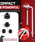 No Fuss Smart Siphon Pump 3 8 Gpm Electric Fuel Transfer showcasing dimensions and adapters for gasoline, diesel, kerosene.