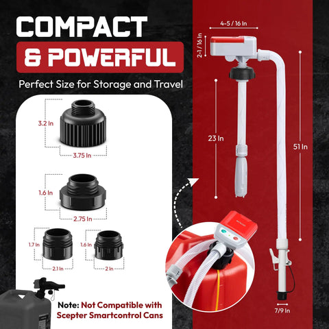 No Fuss Smart Siphon Pump 3 8 Gpm Electric Fuel Transfer showcasing dimensions and adapters for gasoline, diesel, kerosene.