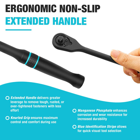 Hand holding Extra Long 15 Inch 1/2 Inch Drive Ratchet With 90-Tooth Gear, ergonomic non-slip handle, feature highlights
