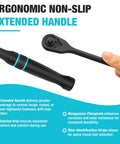 Close-up of Work Horse 3/8 Inch Drive Ratchet Wrench With Extra Long Handle And 90 Tooth Gearing, featuring an ergonomic non-slip grip.