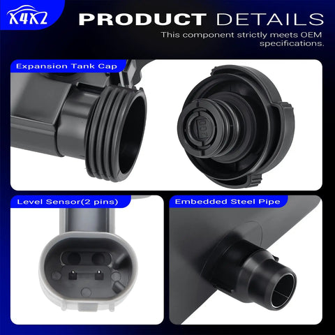 Replacement Engine Coolant Reservoir And Radiator Expansion Tank With Surge Cap For Bmw E46 325i showing level sensor and steel pipe details.
