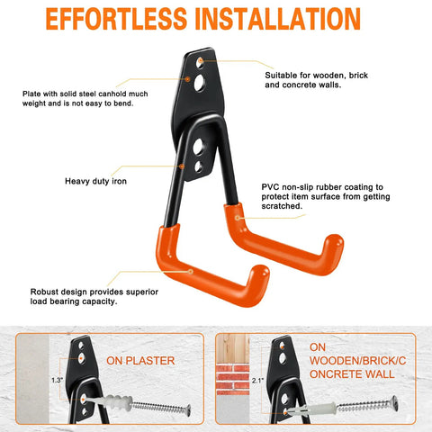 Six Pack Heavy Duty Garage Hooks 2.8 Inch U Shaped Wall Mounted Hanger For Ladders Hose Tools And Bulk Items Organization Steel With Non Slip Rubber Coating installation guide on various surfaces