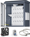 Heavy Duty Outdoor Electrical Box With Built In Thermostat Fan And IP65 Weather Resistant Steel Cabinet interior view showing wall mount, fan, and accessories.