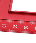Close-up of Dead True 90 Degree Positioning Square Aluminum Alloy Right Angle L Shaped Layout Tool Zero Play Gauge For Cabinet Carpentry And Tough Diy Builds Red showing precise measurement markings.