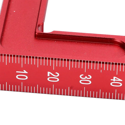 Close-up of Dead True 90 Degree Positioning Square Aluminum Alloy Right Angle L Shaped Layout Tool Zero Play Gauge For Cabinet Carpentry And Tough Diy Builds Red showing precise measurement markings.