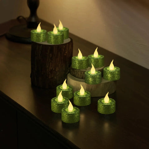 Green Glitter Flameless Tealight Candles 1.5 Inch By 1.65 Inch, Warm White LED Flicker, 12 Pack With Batteries Included on display