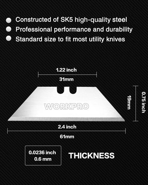 50 Pack Utility Knife Blades With Dispenser, Razor Sharp SK5 Steel Refills showing dimensions and specifications.
