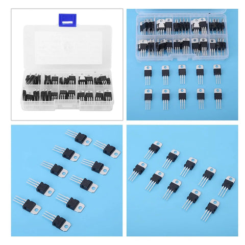 60 Piece Transistor And Regulator Variety Pack With 10 Value Types Including L7805CV And LM317T, Storage Box displayed