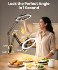 Person adjusting Ultra Flexible Overhead Ring Light With Desk Mount And Hands Free Phone Holder 10 Inch Selfie Light On A Stand