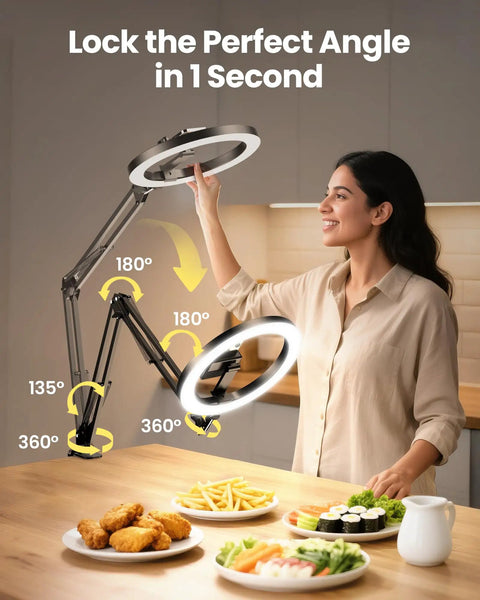Person adjusting Ultra Flexible Overhead Ring Light With Desk Mount And Hands Free Phone Holder 10 Inch Selfie Light On A Stand