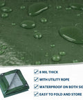 Heavy Duty Waterproof Tarp 10x12 Green for Camping and Outdoors 8 Mil Thick with Reinforced Grommets, HDPE material with water droplets.