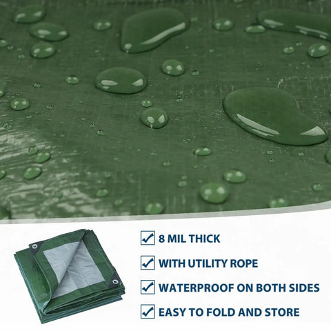Heavy Duty Waterproof Tarp 10x12 Green for Camping and Outdoors 8 Mil Thick with Reinforced Grommets, HDPE material with water droplets.
