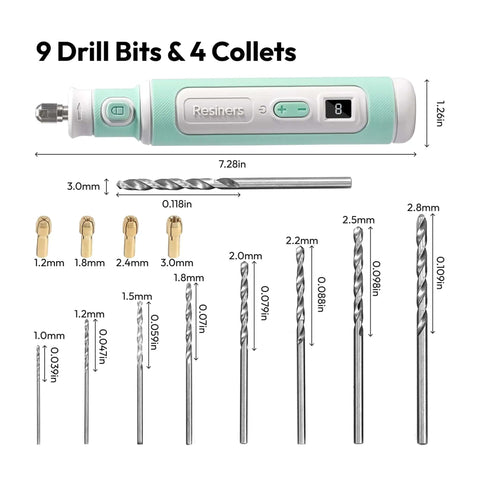 Pro Grade Cordless Resin Drill Pen Kit with 8-speed tool, 13 drill bits, and collets for resin molding, DIY crafts, and deburring.
