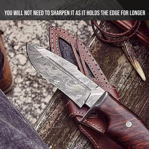 Damascus Steel Fixed Blade Hunting Knife With Walnut Wood Handle And Leather Sheath 10 Inch Outdoor Survival Bushcraft EDC Knife