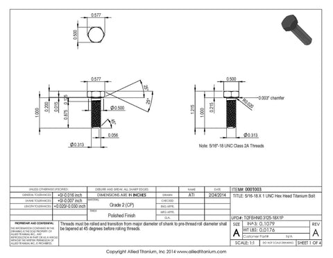 Grab A Fresh Pack Of 10 Boss Level 5/16-18 1 Inch UNC Titanium Hex Head Bolts Grade 2 CP technical drawing with dimensions.