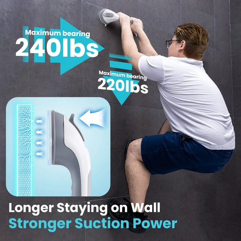 Man testing Two Pack Suction Grab Bars For Shower And Bath Removable Heavy Duty Waterproof on smooth bathroom wall tiles