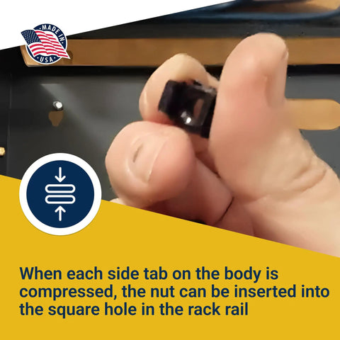 Hand demonstrating the Top Shelf Heavy Duty Black 10-32 Cage Nuts Bulk Pack For Server Rack And Telecom Equipment snap-in fit.