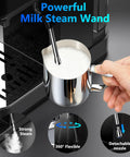 Top Shelf Touchscreen Espresso Machine For Home with powerful milk steam wand steaming milk in a metal pitcher on a counter.