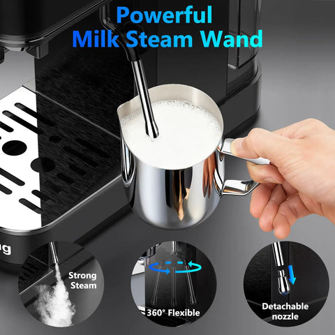 Top Shelf Touchscreen Espresso Machine For Home with powerful milk steam wand steaming milk in a metal pitcher on a counter.