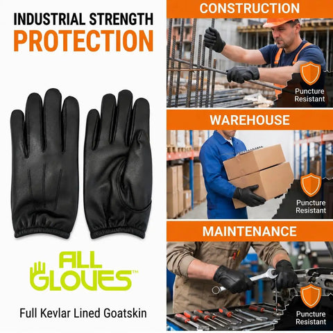 Kevlar Lined Goatskin Duty Gloves For Heavy Duty Work, Puncture Resistant Hand Protection, Industrial Grade Leather Gloves For Sharp Objects, Large Size, Tough As Nails Workwear For Construction And Manufacturing, black pair