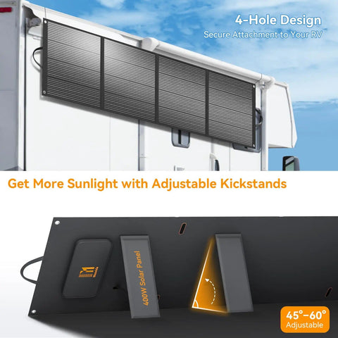 400W Foldable Portable Solar Panel For Power Stations And RVs IP68 Waterproof ETFE mounted on RV with kickstands