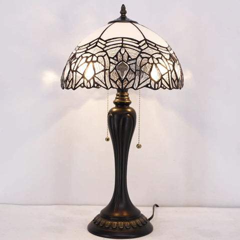 Tiffany Style Table Lamp With White Bent Stained Glass Crystal Shade, 12x12x22 Inches, UL Listed Bedside Desk Reading Light, Bronze Base