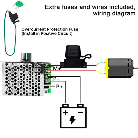Wiring diagram for Heavy Duty 7 To 70 Volt 30 Amp Pwm Dc Motor Speed Controller For Brushed Motors with connection details.