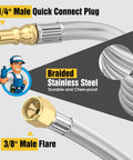 12Ft Propane Quick Connect Hose For RV To Grill, Stainless Steel Braided With Elbow Adapter, 1/4" Male Quick Disconnect, 3/8" Male Flare