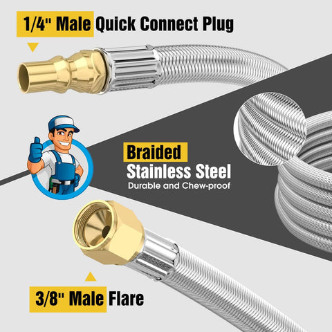 12Ft Propane Quick Connect Hose For RV To Grill, Stainless Steel Braided With Elbow Adapter, 1/4" Male Quick Disconnect, 3/8" Male Flare