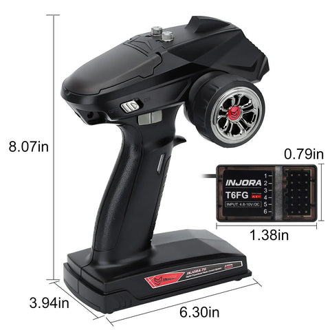 Black Beefy 2.4GHz RC Transmitter 6CH Controller with Gyro Receiver for 1/8 and 1/10 scale RC vehicles shown with dimensions
