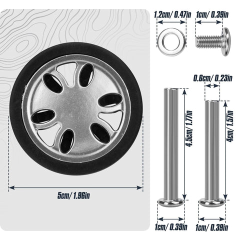 8 Piece Luggage Replacement Wheels Set 50mm Diameter 360 Degree Swivel Rubber Casters with PVC and stainless steel construction shown with dimensions