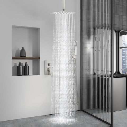 Ceiling Mount Rain Shower System With 10 Inch Shower Head And Handheld Spray High Pressure Faucet Set Top Notch All Metal SUS304 Stainless Steel Brushed Nickel Finish Includes Rough In Valve And Shower Trim Kit in modern bathroom.