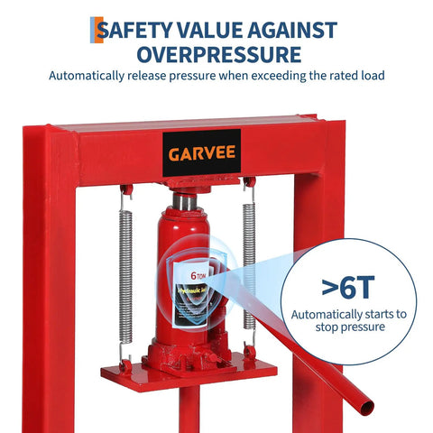 6 Ton Hydraulic H Frame Shop Floor Press For Auto Repair And Metalwork, Heavy Duty Beast, Garage Ready Beefy Build, Precise Alignment, Carbon Steel Construction, Powder Coated Finish, Industrial Grade Stability, 6-ton red H-frame hydraulic press with overpressure safety valve