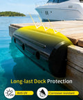 Rig Ready Ultra Heavy Hitter 17 Inch Horizontal Dock Fenders Marine Grade Inflatable Bumpers at a wooden dock for boat protection.