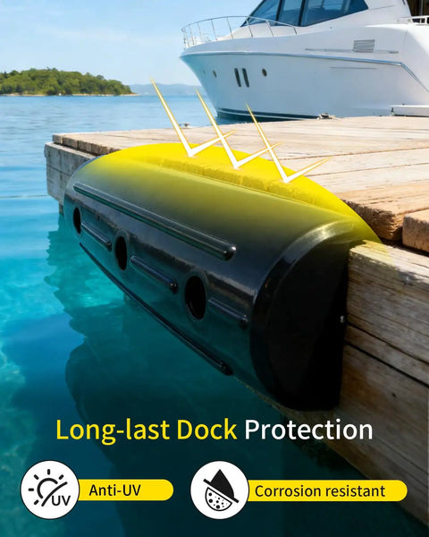 Rig Ready Ultra Heavy Hitter 17 Inch Horizontal Dock Fenders Marine Grade Inflatable Bumpers at a wooden dock for boat protection.
