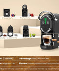Mini Espresso Machine With All In One Pod Adapters For Nespresso Original Dolce Gusto Lavazza Blue ESE Pods And Ground Coffee No Fuss 19 Bar Pressure Adjustable Temperature And Cup Size Compact Coffee Maker With 21oz Reservoir, showing coffee brewing, adapters displayed, digital screen.