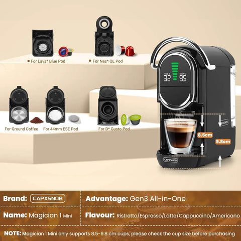Mini Espresso Machine With All In One Pod Adapters For Nespresso Original Dolce Gusto Lavazza Blue ESE Pods And Ground Coffee No Fuss 19 Bar Pressure Adjustable Temperature And Cup Size Compact Coffee Maker With 21oz Reservoir, showing coffee brewing, adapters displayed, digital screen.
