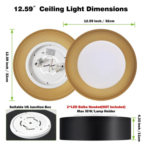 Dimensions of Modern Black And Gold Flush Mount Ceiling Light With Glass Drum Shade showing 12.59 inch size and parts